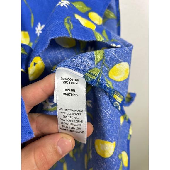 Fruit Core Lemon Print Women Blue Yellow Cotton Linen Button Front Shirt Dress - Picture 3 of 9